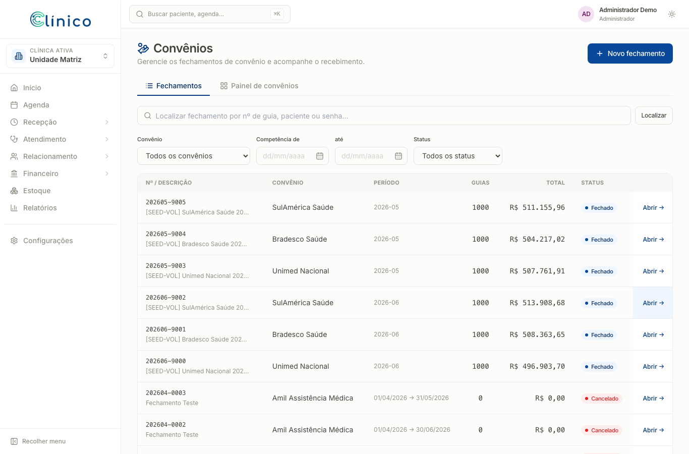 Lista de fechamentos de convênio com SulAmérica, Bradesco e Unimed, valores, período e status.