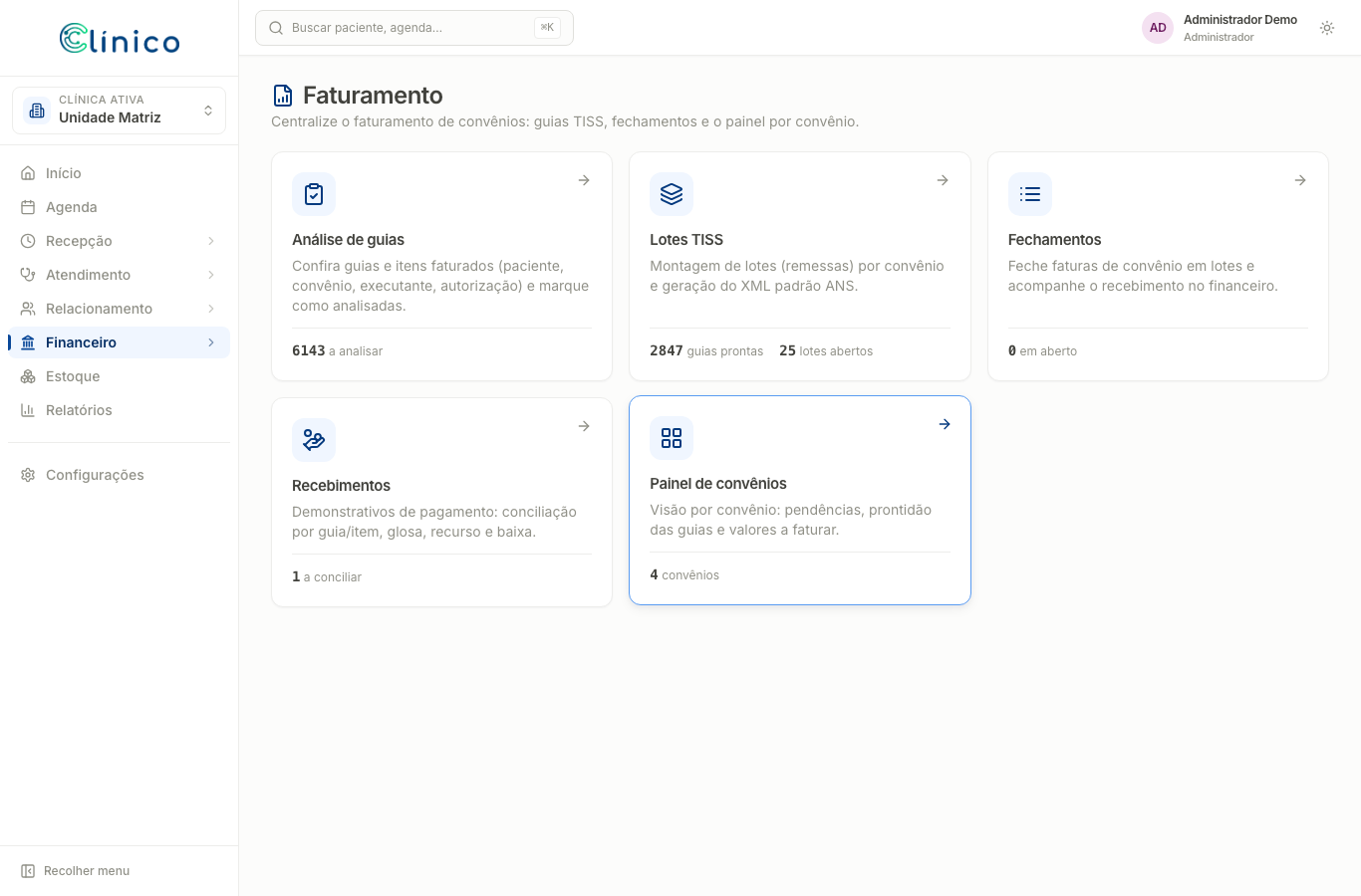 Hub de faturamento de convênios com cartões de Análise de guias, Lotes TISS, Fechamentos, Recebimentos e Painel de convênios.