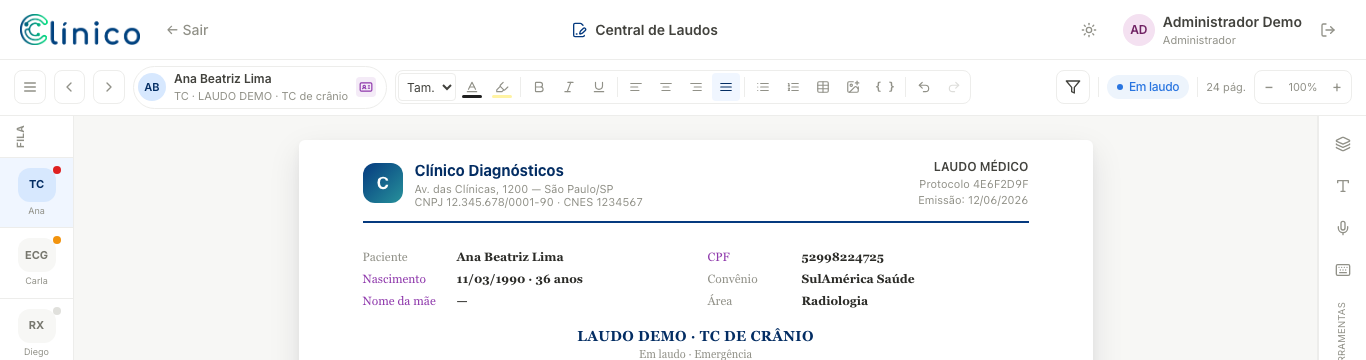 Editor da Central de Laudos com o cabeçalho do laudo médico: clínica, protocolo, CNES, dados do paciente, convênio Radiologia e a barra lateral de modalidades.