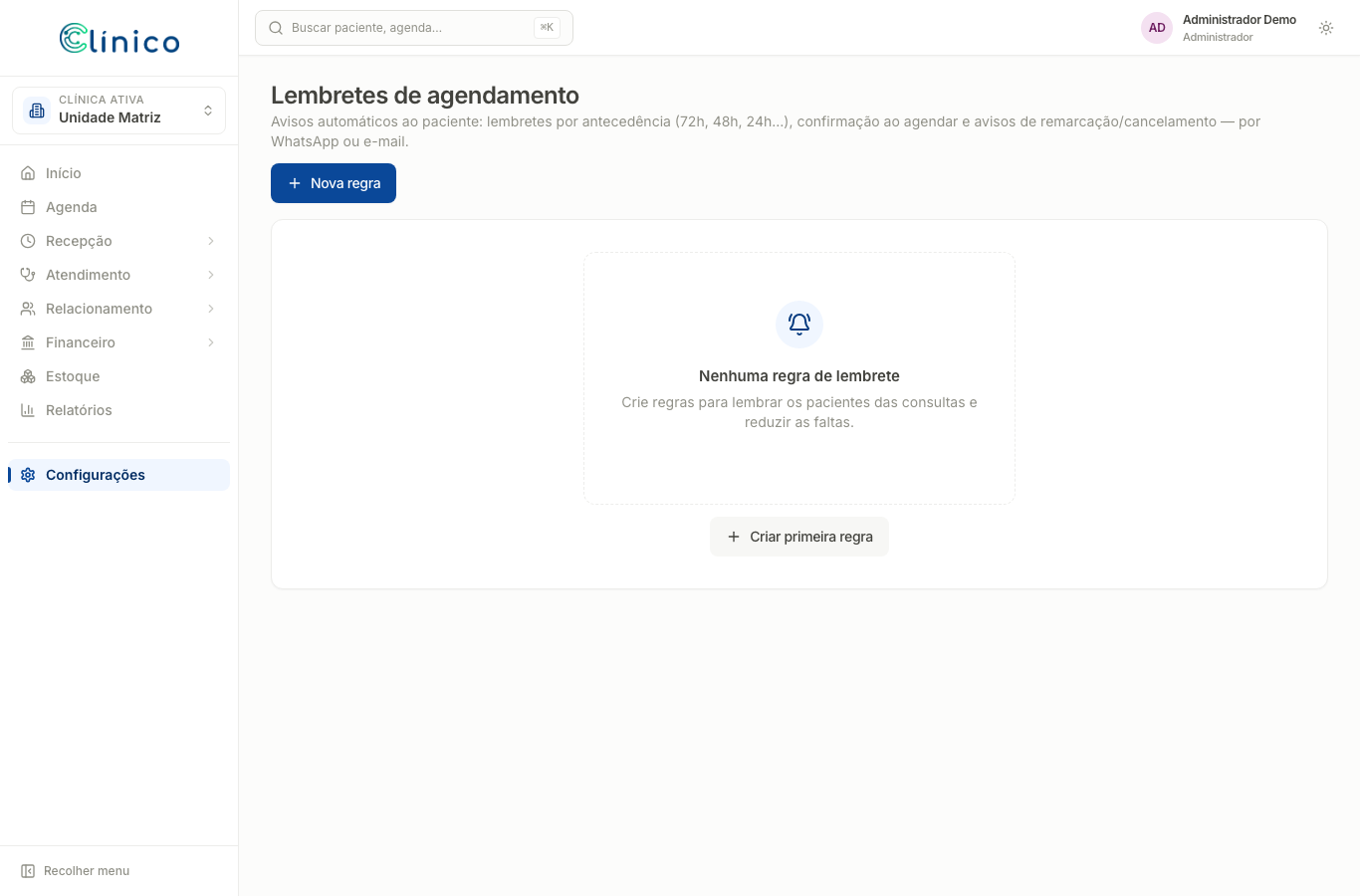 Tela de Lembretes de agendamento: avisos automáticos por antecedência, confirmação e remarcação, por WhatsApp ou e-mail.
