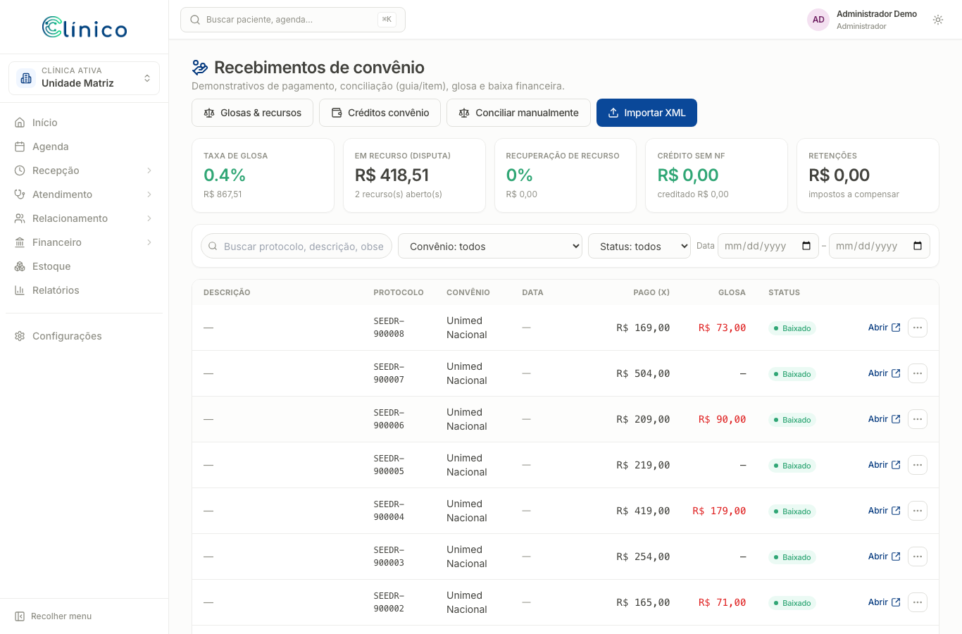 Recebimentos de convênio com KPIs de taxa de glosa, valor em recurso e recuperação.